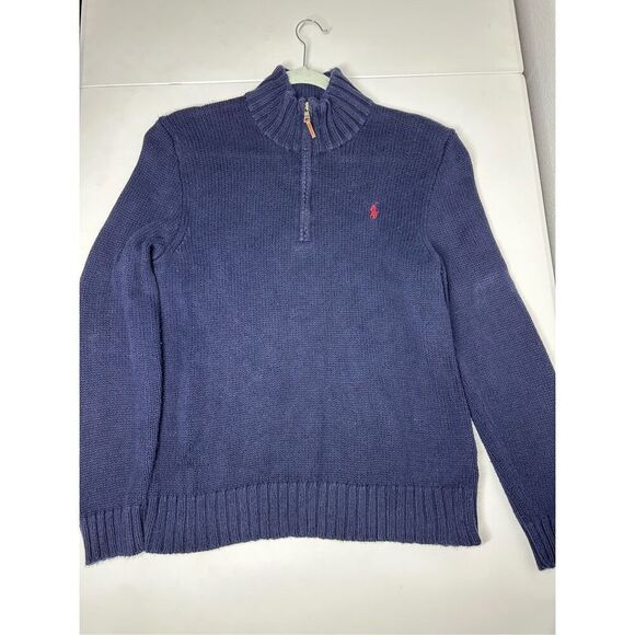 Vintage Polo Ralph Lauren Cotton 1/4 Zip Knit Sweater Turtleneck Logo Sz M Navy - Picture 6 of 11